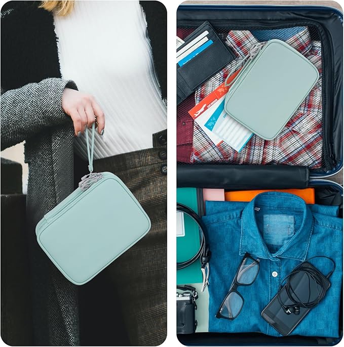 Bevegekos Tablet Accessories Case Bag, Travel Large Electronics Organizer for Chargers & Cords, Cables, 7.9 Inch Tablet, Airplane Essentials, 2 Layers (Mint Green)