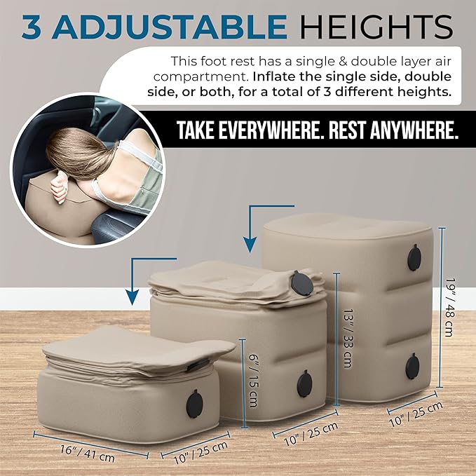 Inflatable Car Seat Foot Rest for Airplane or Toddler Bed for Air Plane (with Fast Inflating Bag) (Beige)