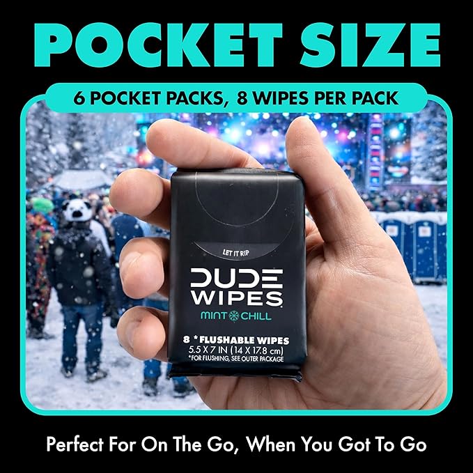 DUDE Wipes Mint Chill Pocket Packs - Travel Wipes - 6 Packs of 8 (48 Count) - On-The-Go Adult Flushable Wipes - Infused with Tea Tree Oil, Vitamin E, and Aloe - Septic and Sewer Safe