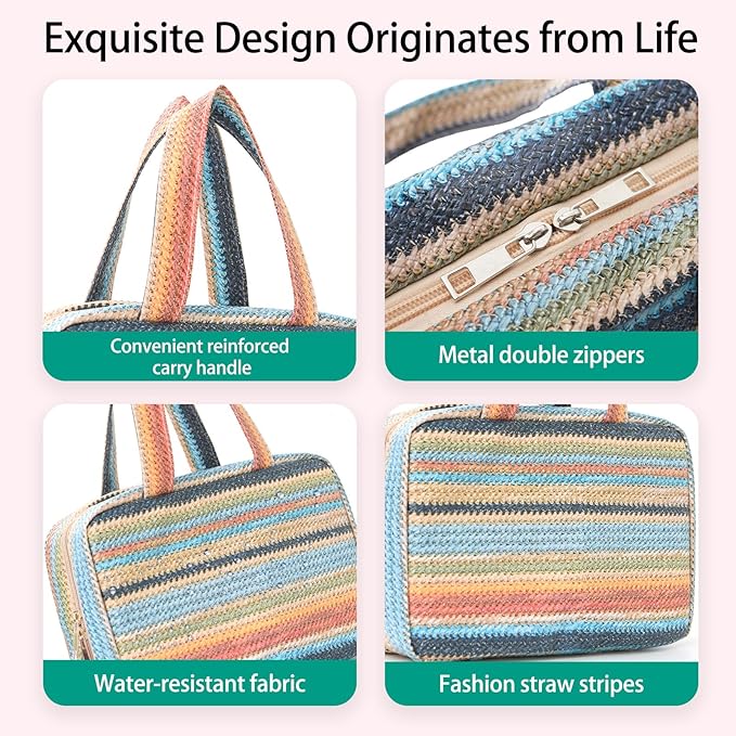 Toiletry Bag with Hanging Hook Straw Rainbow Stripes Cosmetic Bag Water-resistant Travel Bag Preppy Makeup Bag for Store Toiletries Cosmetic Accessories and Sets for Women Blue
