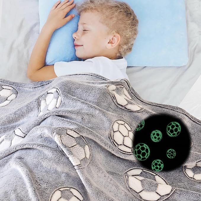 Wajade Soccer Gifts for Boys Girls - Glow in The Dark Soccer Blanket Birthday for Kids Age 3 4 5 6 7 8 9 10 11 12 Years Old Teens Child Toddler Throw Light Grey 40"x50"