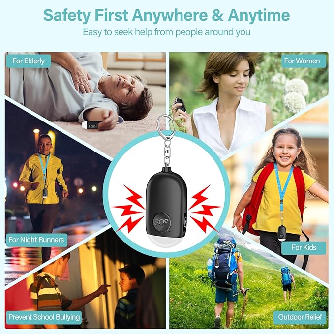 Hion Personal Safety Alarm for Women, 2 Pack Rechargeable 130dB Self Defense Alarm Keychain with LED Flashlight, Emergency Safe Sound Security for Children Elderly College Girls, Black+Pink