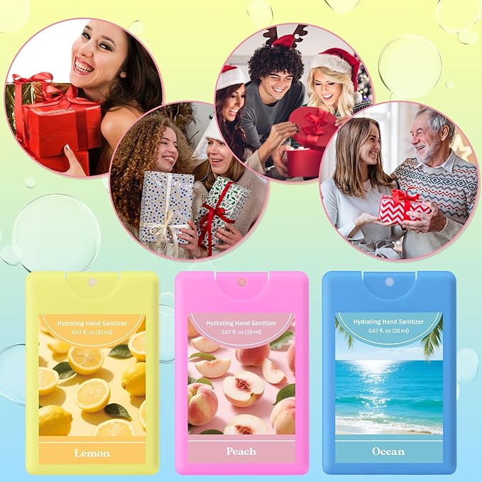 Set of 3 Power Mist Hydrating Hand Sanitizer Spray Bulk Travel Size Refreshing Hand Sanitizer 0.67 Fl. oz Compact Card Spray Bottle Peach Lemon Ocean Scent for Summer Party Favors Family Gifts