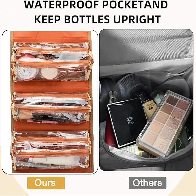 ROYALFAIR Roll Up Makeup Bag, Travel Toiletry Bag for Women with 4 Clear TSA Approved Pouches, Hanging Travel Organizer, Folding Cosmetic Bag for Men and Women