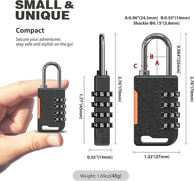 Gym Locker Lock, 4 Digit Combination Lock for Gym Locker, Travel Safe Combo Luggage Padlocks, Combination Padlock for Cabinet, Suitcase, Storage Unit, Toolbox, Outdoor Fence (Black)