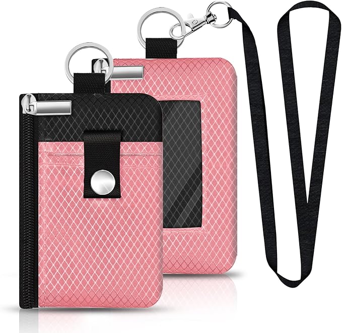 Minimalist RFID Blocking Small Wallet with ID Window,WaterResistant Zip Id Case Wallet with Lanyard Keychain for Cards,Cash,Travel,Women,Men (Pink/Black)