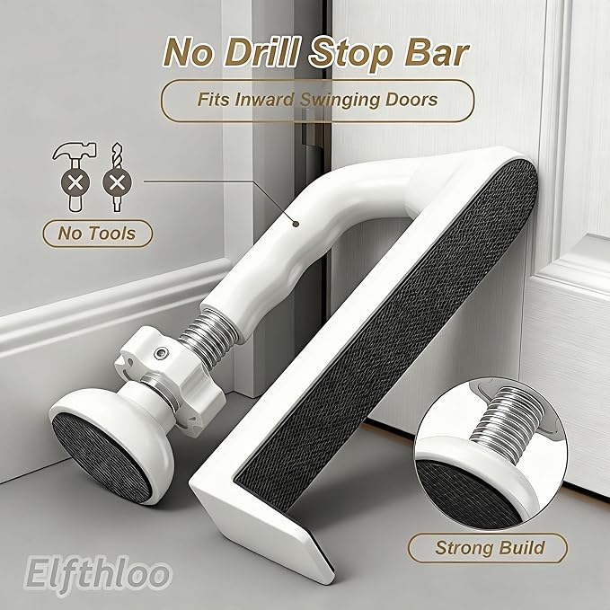 Portable Hotel Door Lock Stopper Travel Security Brace Safety, No Drill Stop Bar Fits Inward Swinging Doors Safety Self Defense Personal Protection for Apartment, White, 1 Pack