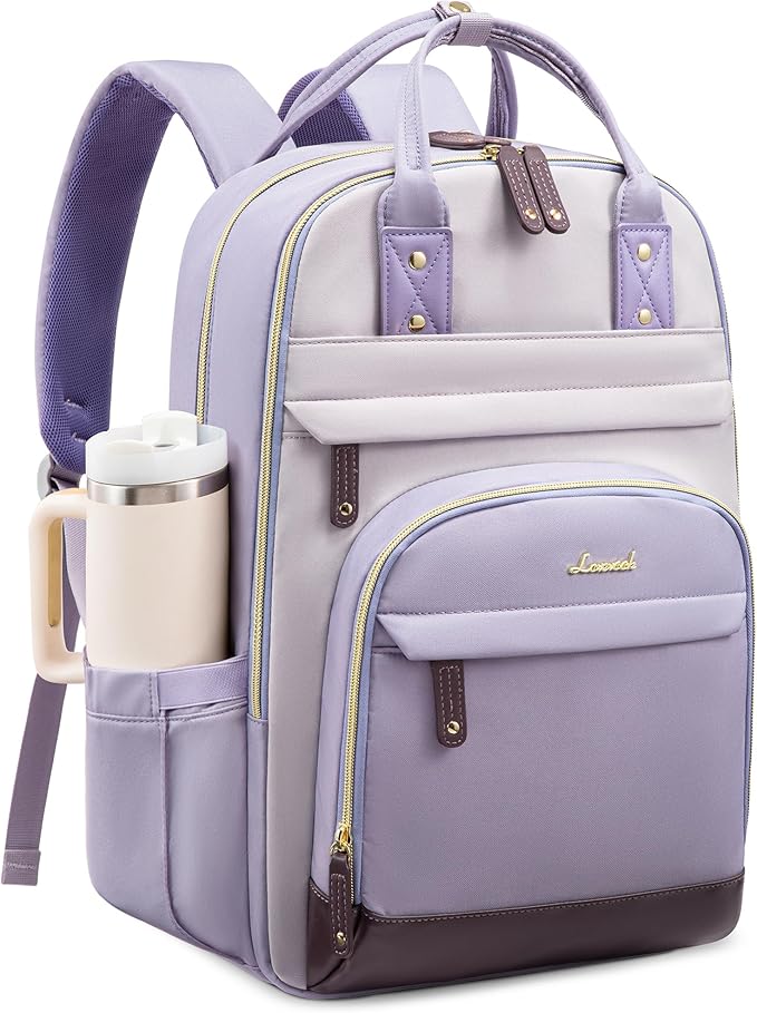 LOVEVOOK Laptop Backpack for Women with Giant Tumbler Holder,17 inch School College Book Bag Nurse Teacher Backpack,Work Travel Backpack Purse Laptop Computer Bag, Taro purple-Light purple-Purple