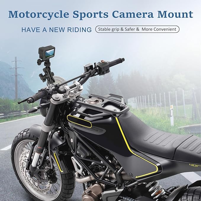 Camera Mount with 360°Dual Ball Head, Motorcycle Handlebar Mounting Bundle Kit for lnsta360 X5/X4/Gopr0 DJl Action 5/, 1/4"-20 & Tripod Adapter, Action Camera Mount Adapter for M10 Hole Base,75019