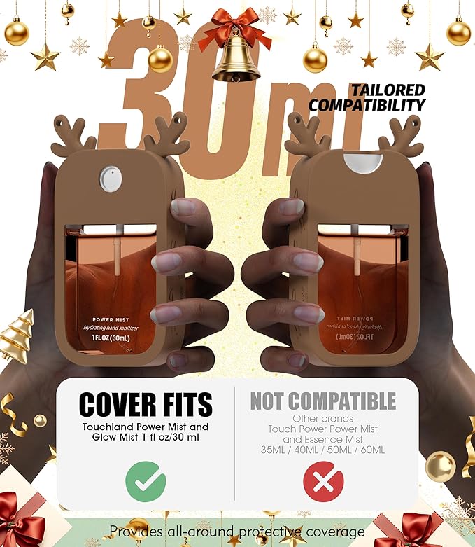 Sonnorel 1 Pack Elk Silicone Case Compatible with Touchland Hand Sanitizer Spray (Fit for 1 FL OZ/30 mL Ver), Portable keychain, Small Bell, Cute Deer Antlers (Brown)