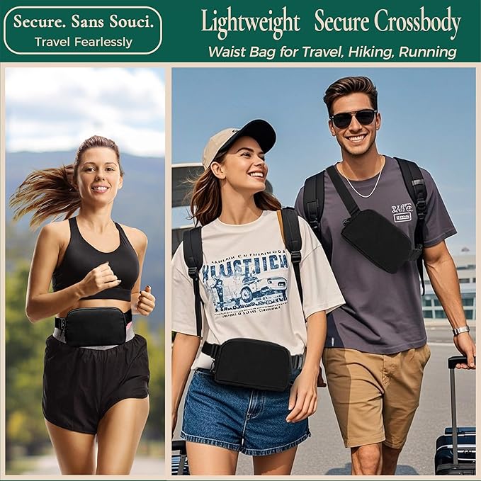 Anti-Theft Fanny Pack for Women & Men, Lightweight Secure Crossbody Waist Bag with Anti-Slip Adjustable Strap for Travel, Hiking, Running, Water-Resistant Belt Bag, Everyday Essentials Organizer Black