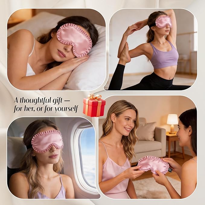 Silk Sleep Mask for Women: 100% Mulberry Silk Eye Mask, Black Back Sleeping Mask for Light Blocking, Soft Wavy Edge Eye Cover and Adjustable Strap, Travel & Sleep Gift (Pink)