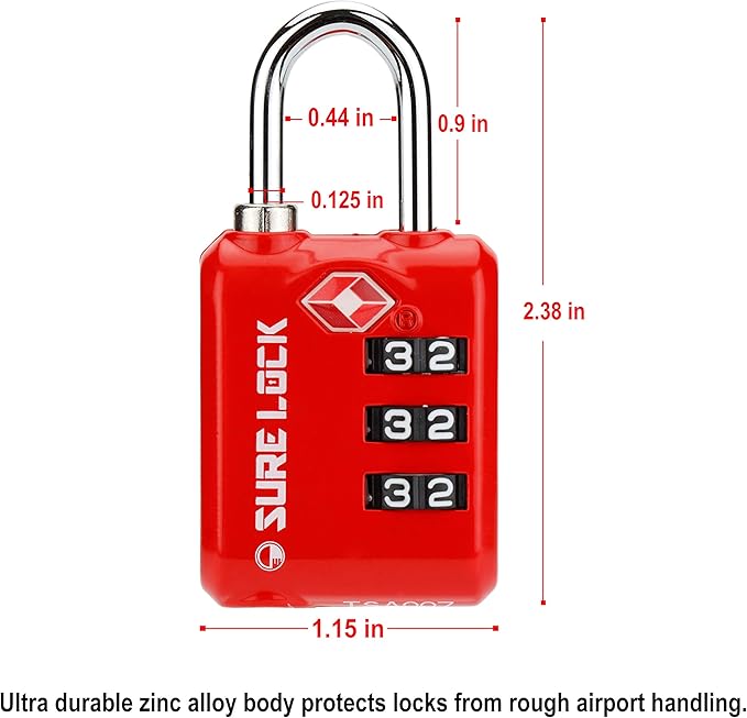 SURE LOCK TSA Approved 3 Digit Luggage Locks With Zinc Alloy Body and Hardened Steel Shackle To Lock Travel Suitcase