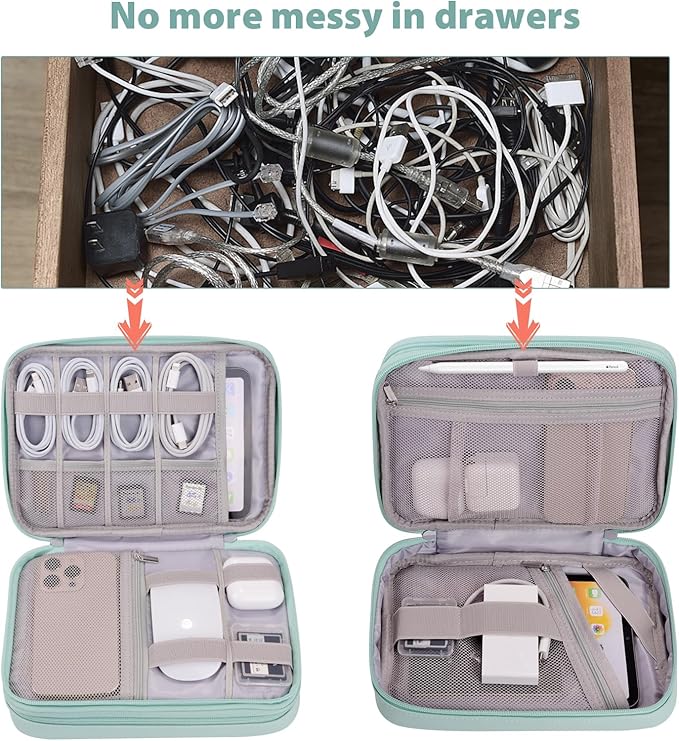 Bevegekos Tablet Accessories Case Bag, Travel Large Electronics Organizer for Chargers & Cords, Cables, 7.9 Inch Tablet, Airplane Essentials, 2 Layers (Mint Green)