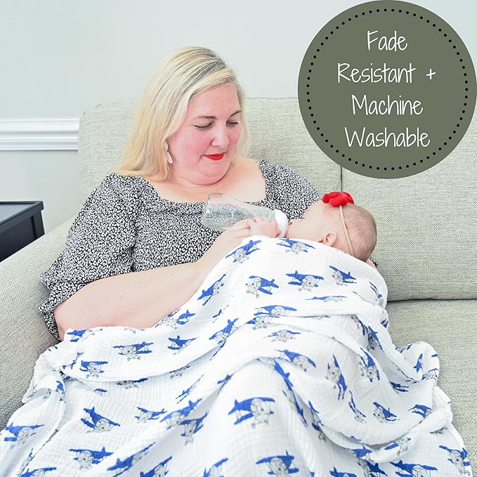 LollyBanks Muslin Swaddle Blanket, 100% Muslin Cotton Baby Blankets for Boys, 47 X 47 Inches Baby Boy Swaddles, Breathable and Lightweight Infant Blanket, Newborn Essential, Registry (Airplane Print)