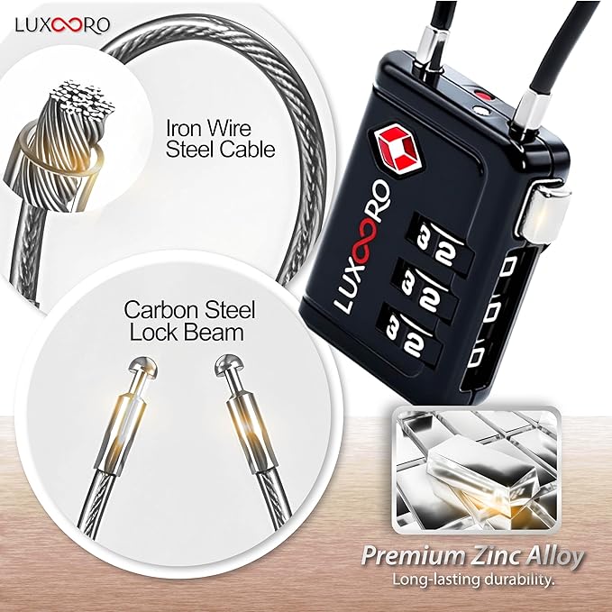 TSA Approved Luggage Lock with Alert Indicator, 3-Digit Resettable Combination, Durable Zinc Alloy Travel Lock for Suitcase, Backpack, Toolbox, Locker, All-Propose, keyless – Black (2 Pack)