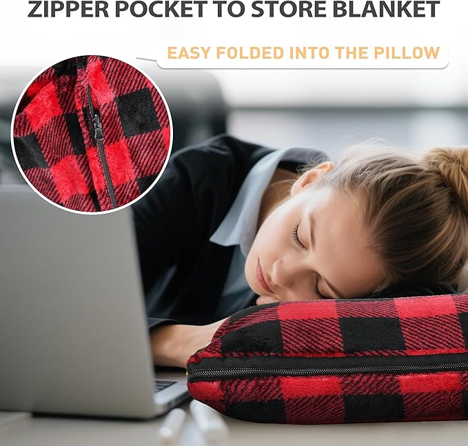Catalonia Packable Travel Wearable Blanket Pillow with Sleeves for Adults, 2 in 1 Wearable Blanket with Pockets