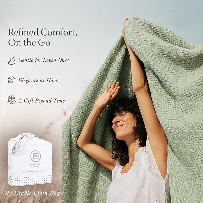 Threadmill Luxury Cotton Blankets for Twin Size Bed | All-Season 100% Cotton Twin Blanket for Bed | Herringbone Soft & Cozy Fall Thermal Blanket, 350GSM, 68x92 inches | Sage Green