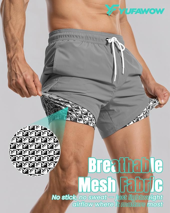 Men Swim Trunks with Compression Liner Quick Dry Breathable Multi Pockets for Summer Beach Cruise Water Park