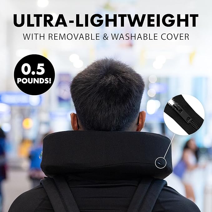 Travel Neck Pillow – Ultra Lightweight & Comfortable Memory Foam with Zipper Storage for Airplane, Car & Home Travel Accessory for Head & Neck with Cooling, Breathable & Washable Fabric (Black)