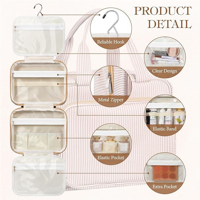 Huhumy Hanging Toiletry Bag for Women with Detachable Pouch, Travel Toiletry Bag, Travel Size Toiletries, Cosmetic Bags, Seersucker Makeup Bags Gifts for Her Mom Girlfriend Wife Teacher(Khaki)