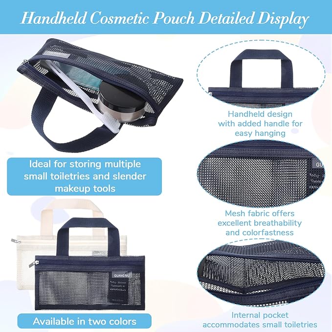 InnoHHustle 2 PCS Toothbrush Pouch, Mini Travel Toiletry Bags Portable Mesh Zipper Makeup Bag Travel Toothbrush Bag Square Mesh Storage Bags with Zipper for Men and Women (Beige, Blue)