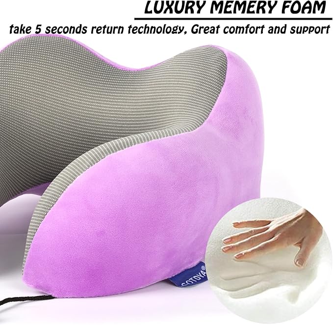 Travel Pillow,Travel Neck Pillows for Sleeping,100% Pure Memory Foam Soft Comfort & Support Pillow for Airplane/Car/Office&Home Rest Use-Violet