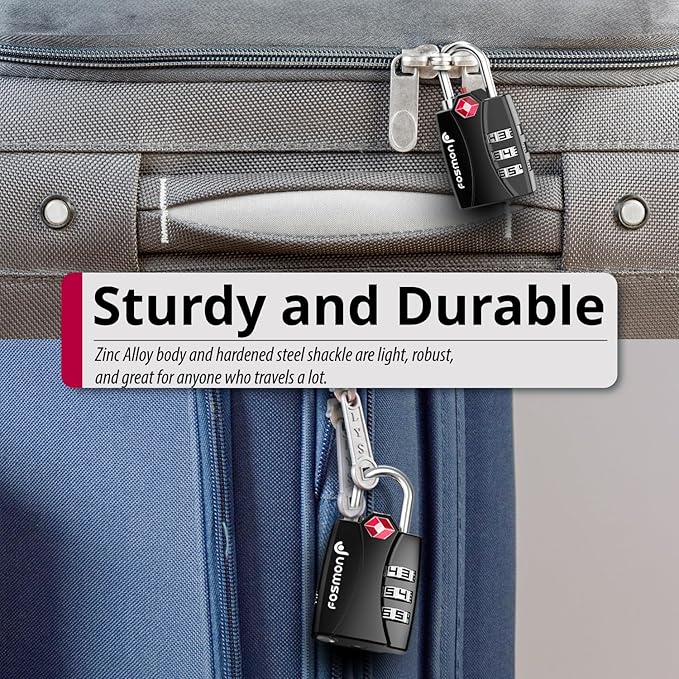 Fosmon TSA Approved Locks for Luggage. Suitcase Locks with Open Alert Indicator, 3 Digit Combination Padlock with Alloy Body for Travel, Backpack Zipper Anti Theft, Locker, Gym, Gun Case, Tent- 2 Pack