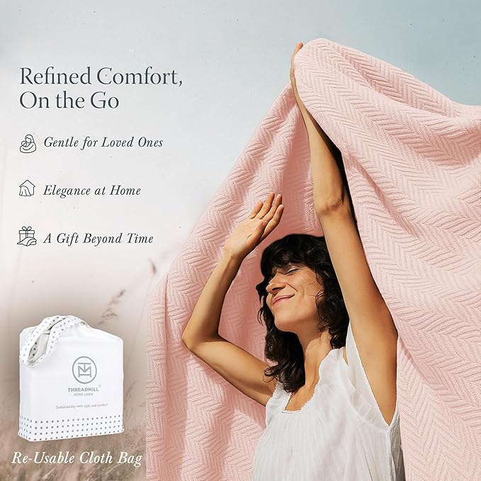 Threadmill Luxury Cotton Blankets for King Size Bed | All-Season Cozy 100% Cotton King Size Blanket | Herringbone Soft Fall Thermal Blanket fits Cal King Size Bed | English Rose