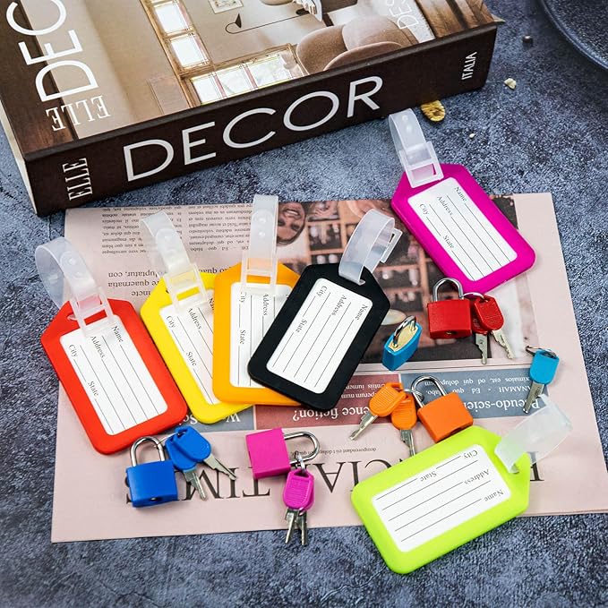 8 Pack Luggage Locks with Key+8 Pack Travel tag, Luggage Tags for Suitcases Bag Tags Name Tags, Mini Padlocks Multicolor Durable Locks for Suitcases Backpacks Boxes Cabinet and Laptop Bags (Colorful)