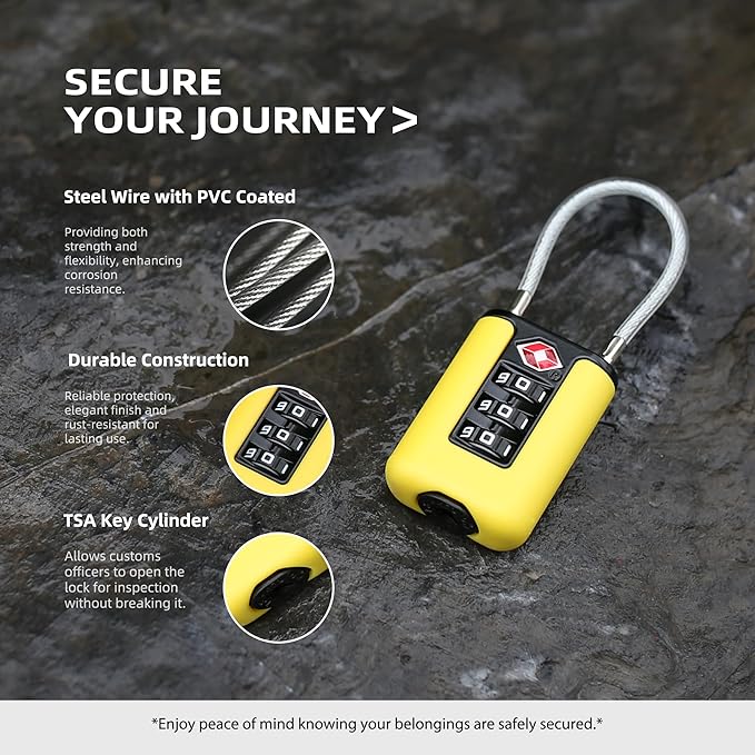 TSA Approved Luggage Locks, 3-Digit Waterproof Padlock, Combination Travel Cable Lock, Lockers, Suitcases, Toolboxes (Yellow+Yellow)