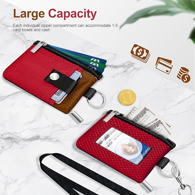 Minimalist RFID Blocking Small Wallet with ID Window,WaterResistant Zip Id Case Wallet with Lanyard Keychain for Cards,Cash,Travel,Women,Men (Red/Brown)