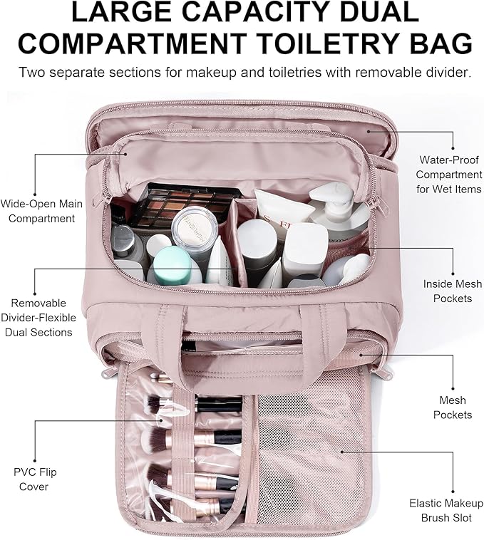 Bagstellar Travel Toiletry Bag for Women, Lightweight Large Quilted Puffy Makeup Bag Wide-open Make up Organizer Cloud Cosmetic Bag w/Handle for Traveling Toiletries Essentials Accessories Light Pink