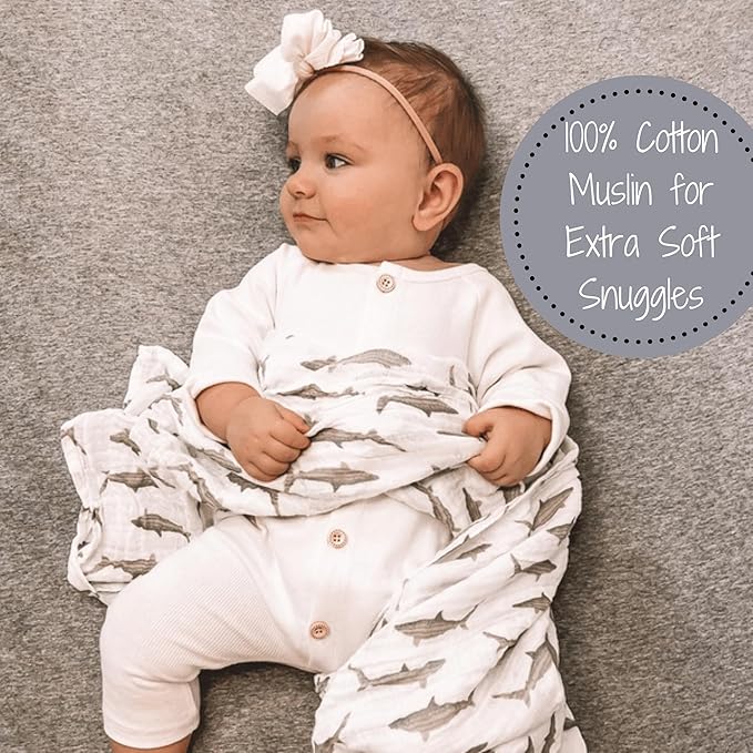 LollyBanks Muslin Swaddle Blanket, 100% Muslin Cotton Baby Blankets for Boys, 47 X 47 Inches Breathable and Soft Newborn Swaddle, Receiving Blanket for Baby, Newborn Essentials, Registry (Shark Print)