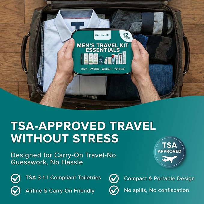 Stuhrling Bottle TrekTote Bulk Men’s Travel Hygiene Kits Case Pack of 12 Piece Kits TSA Approved Travel Size Toiletry Kits with Toothbrush Toothpaste Deodorant Razor for Outreach Emergency Use