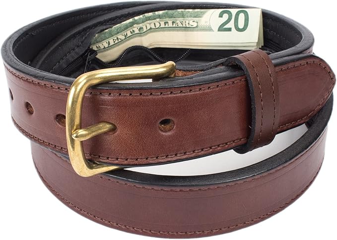 Hidden Money Pocket Travel Leather Belt (Size 40, Brown)