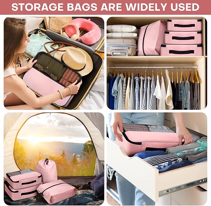 SDGFUI 8 PCS Compression Packing Cubes for Travel Women, Compression Bags Organizer for Luggage Space Saving Travel Essentials and Carry on, Luggage Organizer Bags for Suitcase - Pink