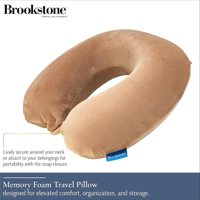Brookstone Travel Neck Pillow - Lightweight Fleece Casing U-Shaped Stuffable Memory Foam Travel Pillow for Sleeping and Neck Support, Size One Size, Khaki