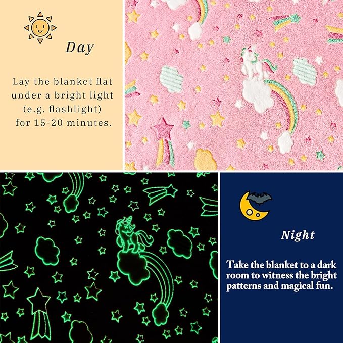 Wajade Rainbow Gifts for Girls - Glow in The Dark Rainbow Blanket Birthday Christmas Decor for Kids Age 3 4 5 6 7 8 9 10 11 12 Years Old Teens Child Toddler Throw Pink 50"x60"