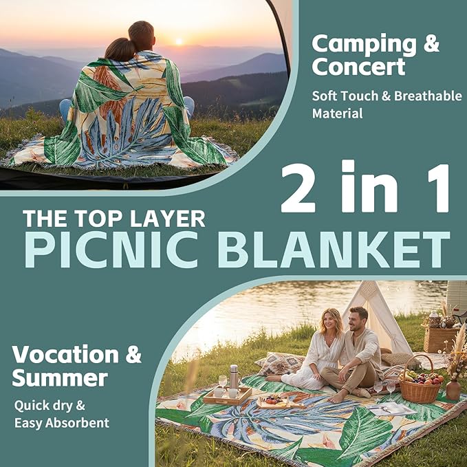 2 in 1 Extra Large Outdoor Picnic Blanket Camping Mat Lightweight Oversized Giant Turkish Boho Beach Mexican Serape Baja Cobijas Mexicanas para Mesa Park Stadium Outside Festival Grass Hammock