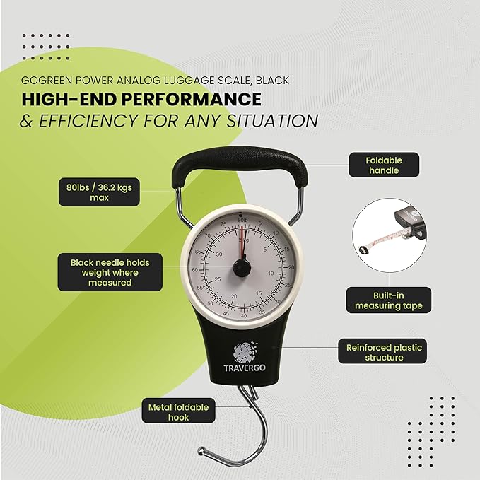 Go Green Power TR1300BK Travergo Analog Scale with Hook, Black (TR1300BK)