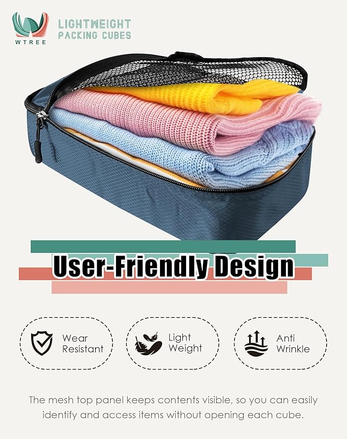 WTREE 4-Piece Packing Cubes Travel Accessories Set for Suitcases - Luggage Organizer Bags with Double Zipper - Mesh Top - Large - Dark Blue