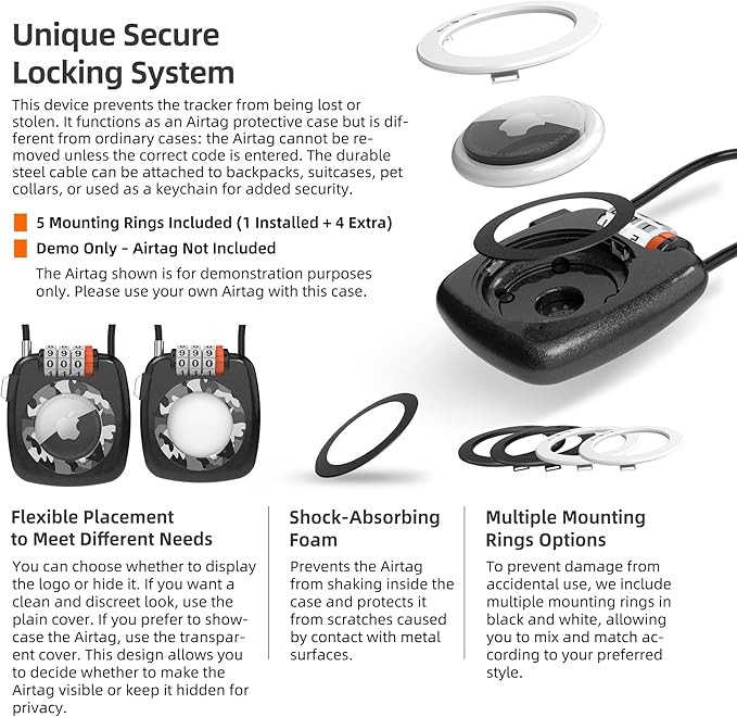 AirTag Holder Lock, Compatible with Apple AirTag, Cable Locking Air Tag Holder for Luggage Lock, Kids, Backpack, Suitcase, Bike, Travel Accessories, GPS Tracker Case, Anti-Theft Cable