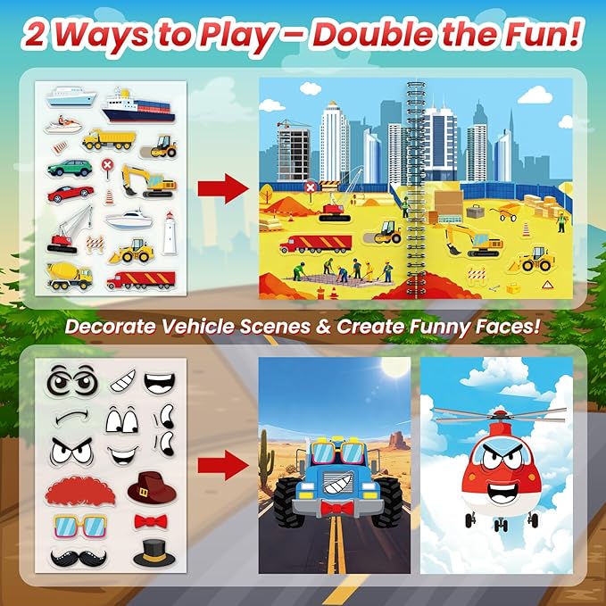 Cars Reusable Sticker Book for Toddlers, DIY Make-a-face Jelly Fun 3D Stickers, Washable Puffy Stickers for Kids Toys, Airplane Road Trip Travel Activities Essentials for Kids 3 4 5 Years