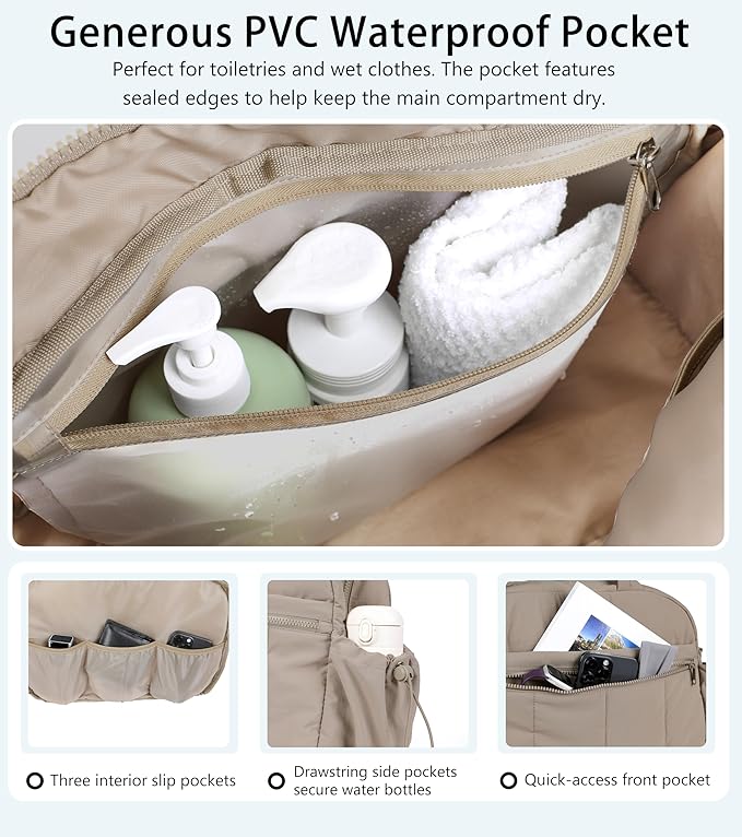Lightweight Travel Duffle Bag for Women, Quilted Puffy Weekender with Wet Pocket for Gym, Overnight, Personal Item Carry On, Camel
