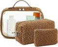 Bluboon 3Pcs Makeup Toiletry Bag for Women, Clear Packing Cubes Cosmetic Bag for Travel Women With Zipper Travel Essentials (Coffee Lamb Wool)