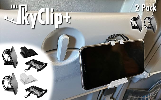 The SkyClip+ Phone & Tablet Holder for Air Travel, Home and Office Use - Inflight Phone Mount & Stand Compatible with iPhone, Android, Kindle and Tablets - Travel Accessory (Black&White, 2 Pack)