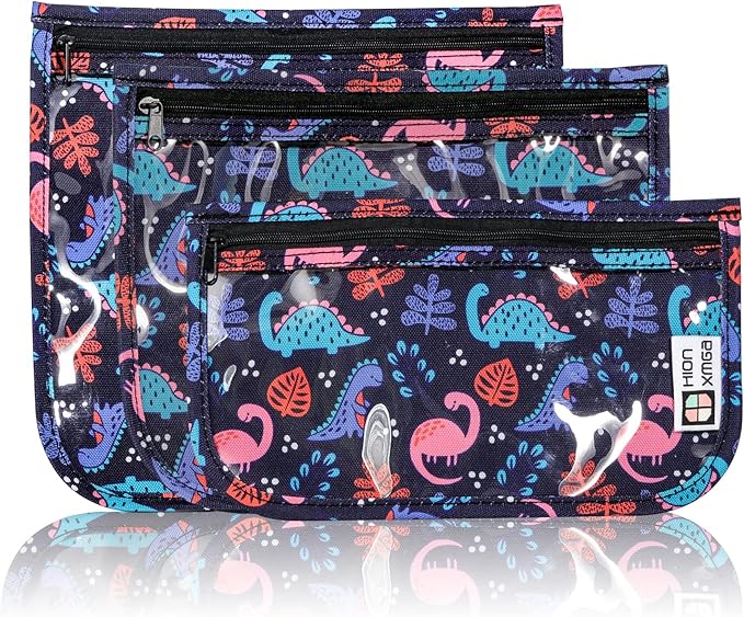 HIONXMGA TSA Approved Toiletry Bag, Set of 3 Clear Travel Toiletry Bag Quart Size Zipper Travel Pouch, Waterproof Makeup Cosmetic Bag for Women Men Kids Toiletries Carry on, Dinosaur