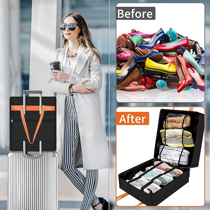 SelfTek Shoe Bags for Travel with Handle, Waterproof Large-Capacity Family Travel Shoe Bag Organizer for Multiple Shoes, Shoe Travel Bags for Packing, Suitable for Luggage Handle (Black)