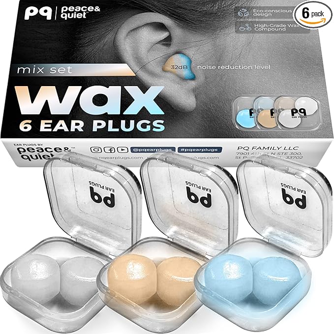 Peace&Quiet PQ Wax Ear Plugs for Sleep - 6 Silicone Wax Earplugs for Sleeping and Swimming - Gel Ear Plugs Noise Cancelling, Protect Ears While Sleeping with Sound Blocking 32 Db (6-Pillows), Mixed
